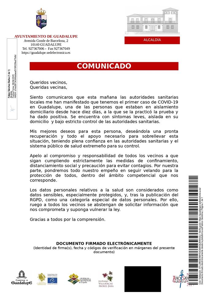 Primer positivo por coronavirus en Guadalupe (Cáceres) 2020