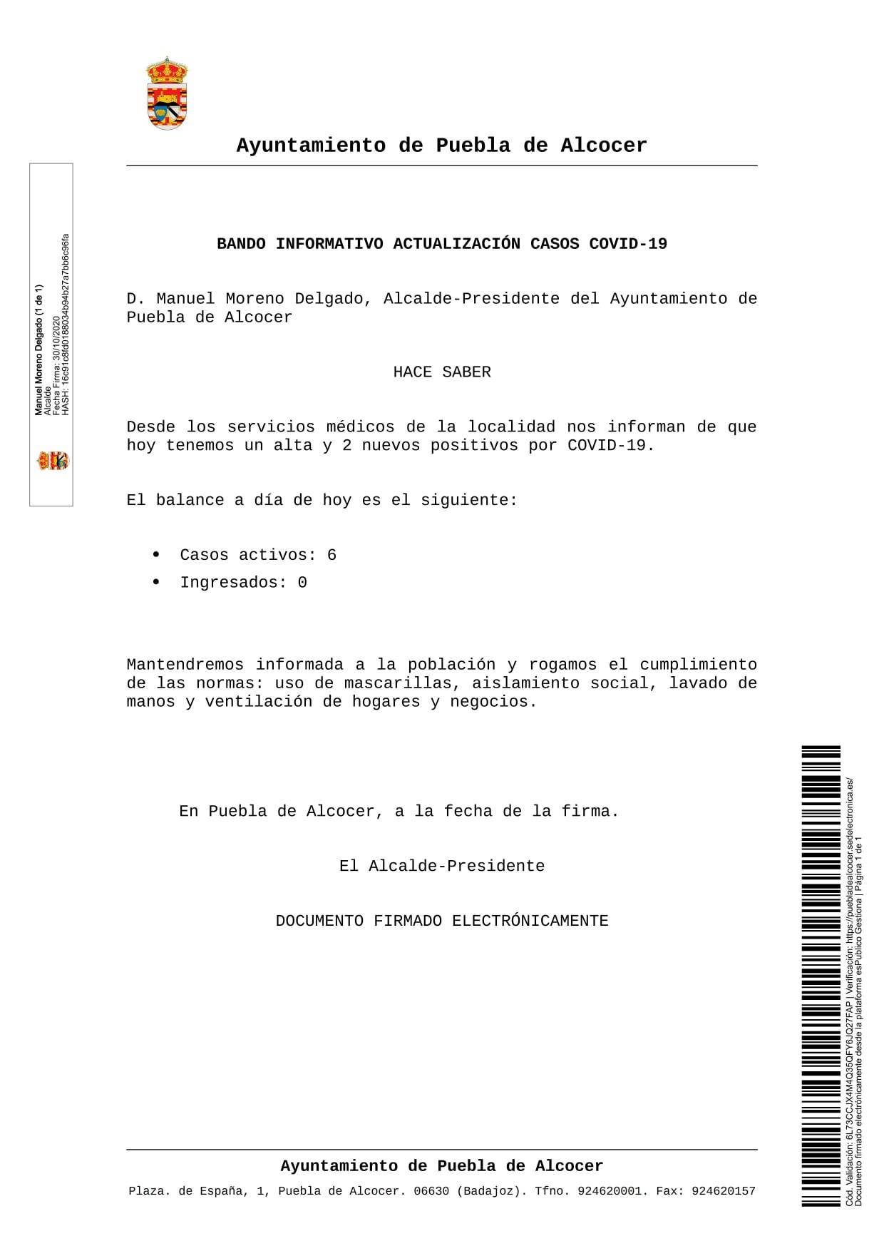 6 casos activos de COVID-19 (octubre 2020) - Puebla de Alcocer (Badajoz)