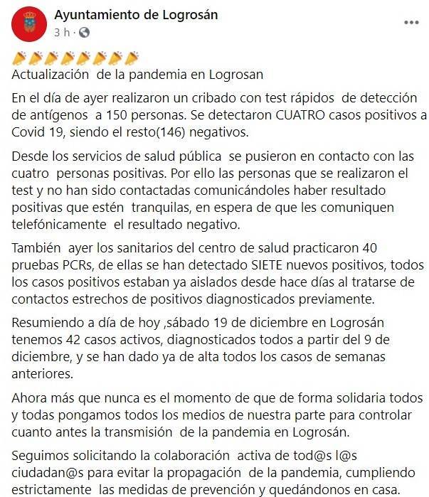 42 casos positivos de COVID-19 (diciembre 2020) - Logrosán (Cáceres)